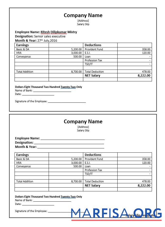 Blank Senior sales executive salary slip screen template